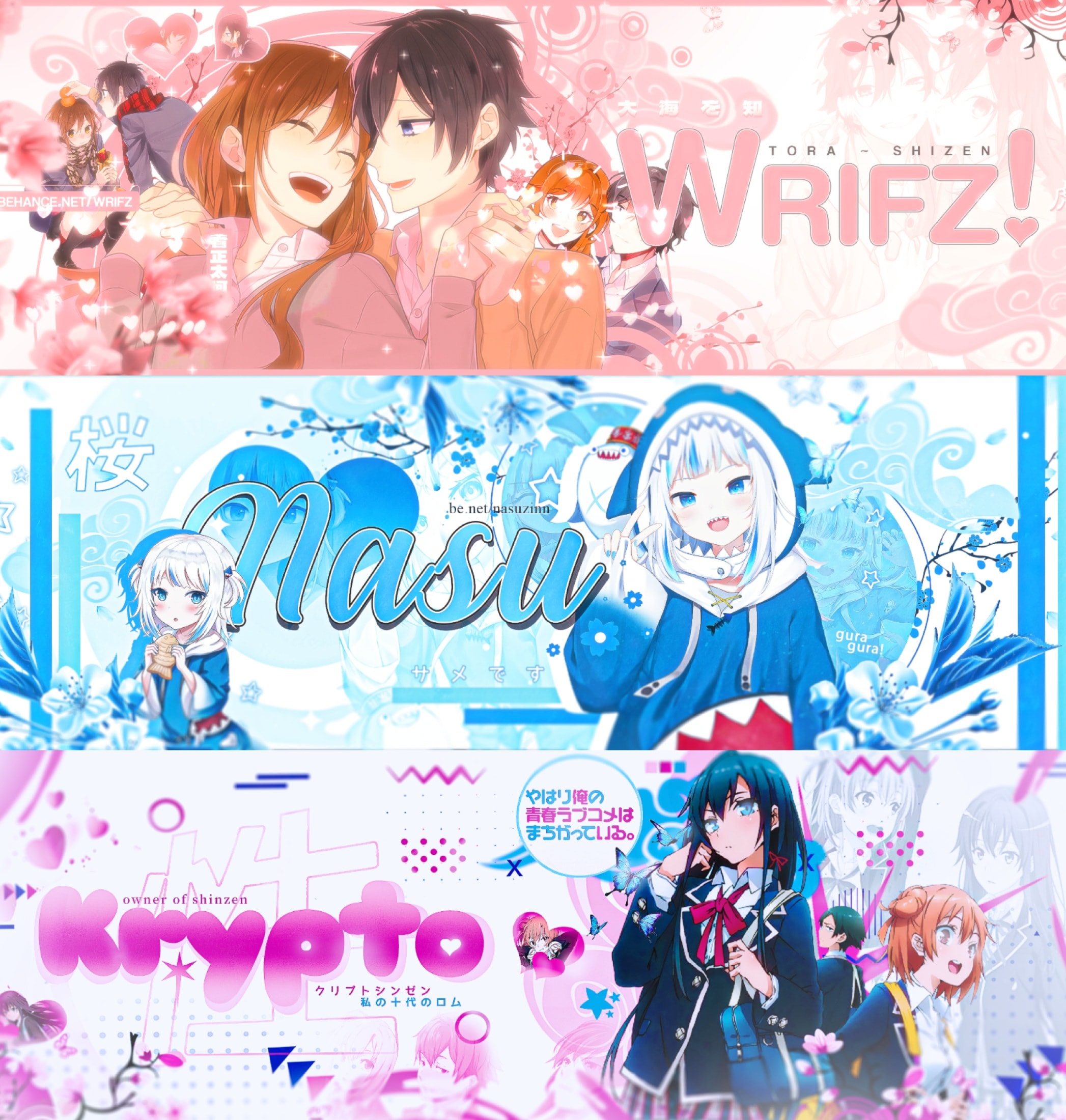 Three anime stream banners: Wrifz, Nasu and Kyoto