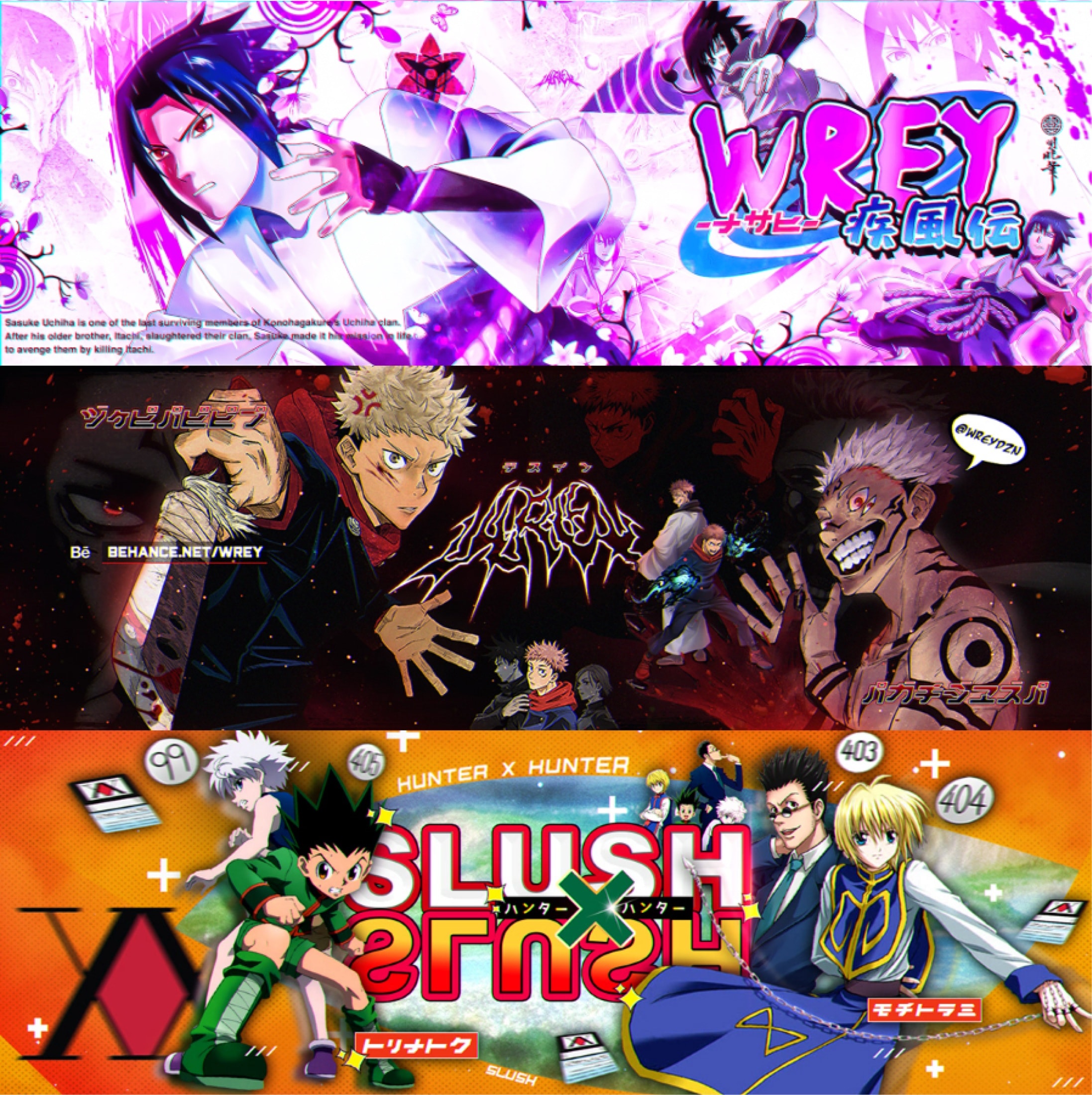Three anime stream banners: Vzef, Jujutsu Kaisen and Slush