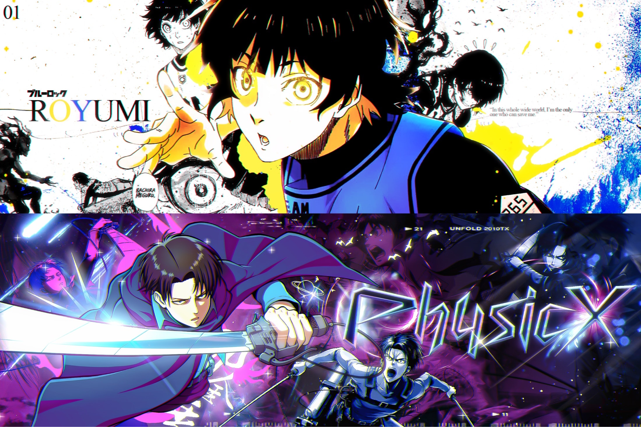 Two anime stream banners: Royumi in a Blue Lock style, and PhysicX featuring Levi Ackerman