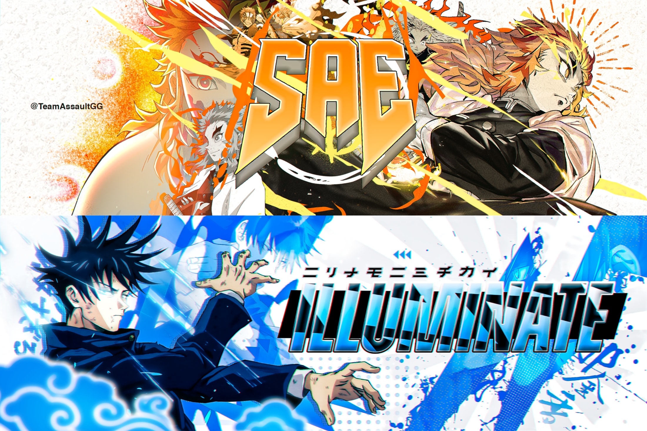 Two stream banners: SAE in a Demon Slayer style, and ILLUMINATE in a Jujutsu Kaisen style