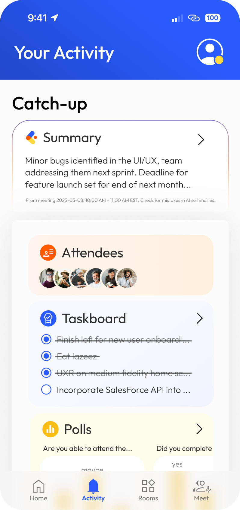 Overlap app — activity summary screen